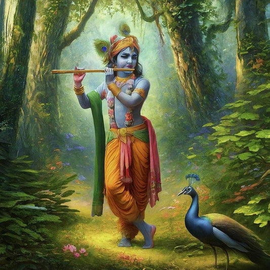 Ethnic Canvas Painting of Krishna Playing Flute God Krishna playing a flute in a forest with a peacock