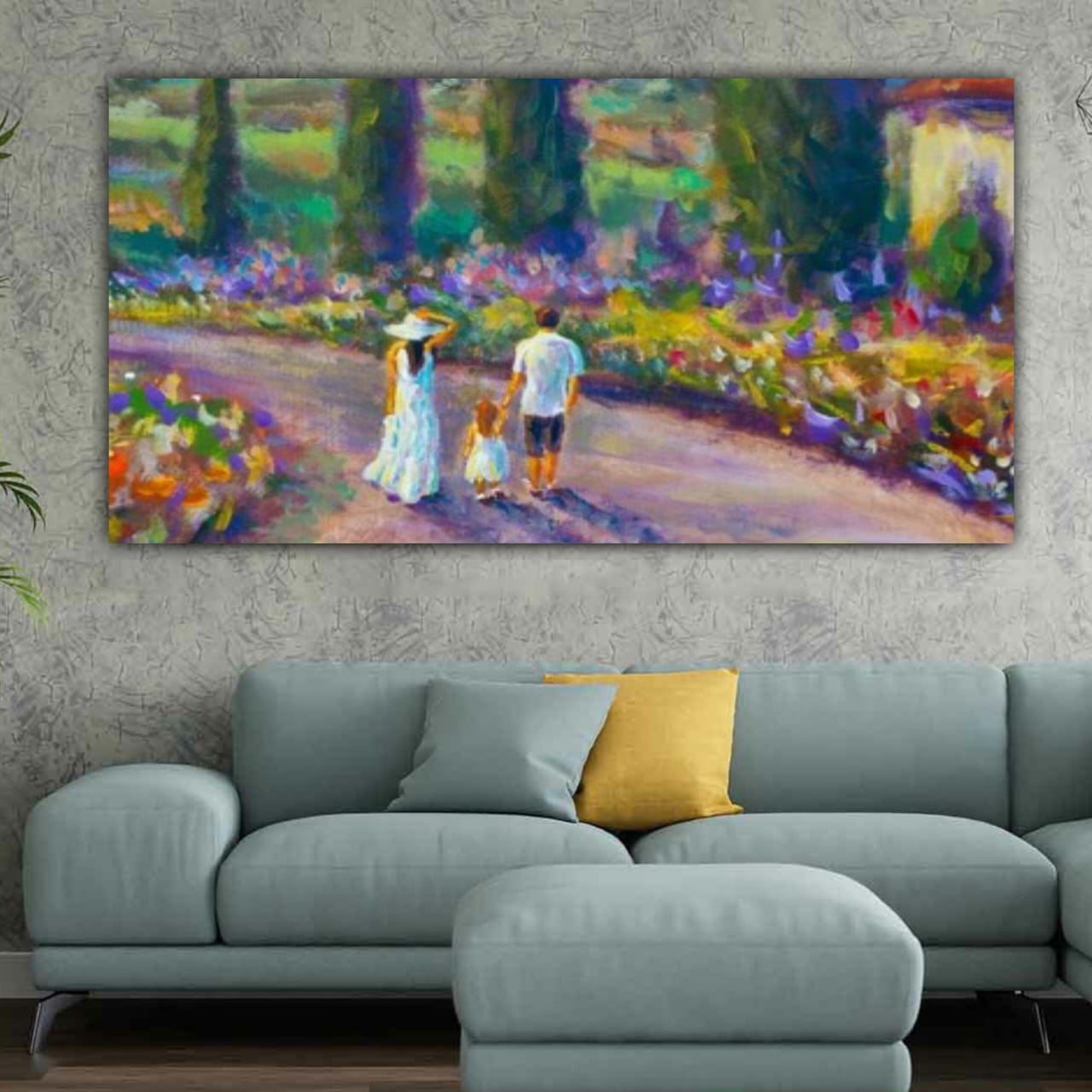 Family Walking Garden Painting for Living Room Decor