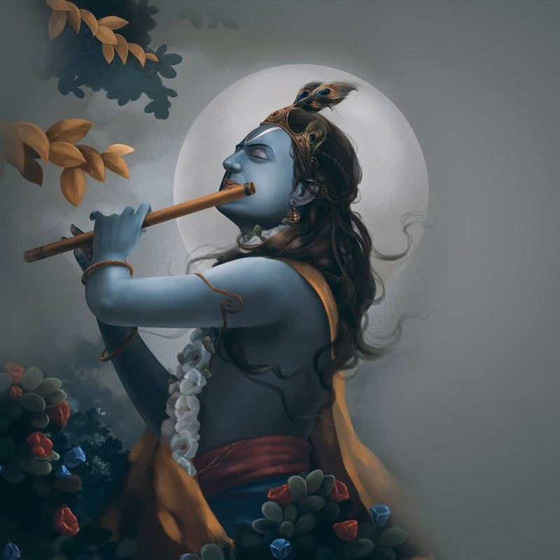 Fluit Krishna Wallpaper | Wallpaper for Dancing Room
Blue-skinned figure playing a flute with a serene expression, surrounded by nature elements.
