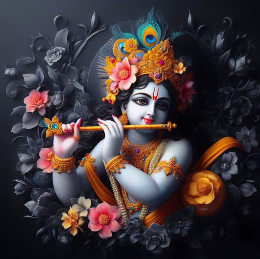 Flute Blowing Krishna Canvas Painting for Living Room Decor Decorative image of a deity holding a flute with flowers and leaves on a dark background