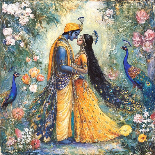 Framed Radha Krishna Canvas Painting for Indian Decor Artistic depiction of two figures in traditional attire surrounded by peacocks and flowers