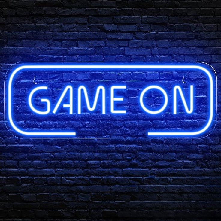 Game On Neon Sign – Custom Neon Sign for Living Room 20 By 12 Inches Neon sign with 'GAME ON' text on a brick wall background