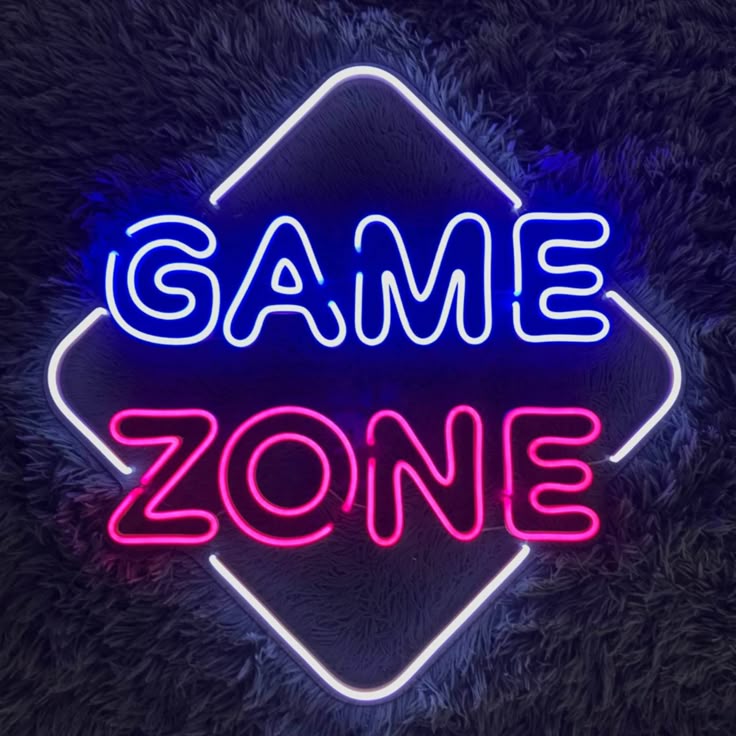 Game Zone Neon Sign – Custom Neon Sign for Living Room 20 By 20 Inches Neon sign with 'GAME ZONE' text on a dark textured background