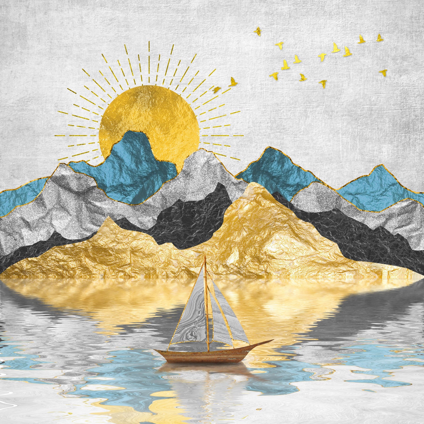 Gold Blue Mountain Wallpaper Self Adhesive Mural Wallpaper | Customized Wallpaper