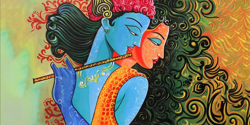 Gorgeous Radha Krishna Mural Wallpaper for Living Room Colorful depiction of a couple embracing with intricate patterns in the background