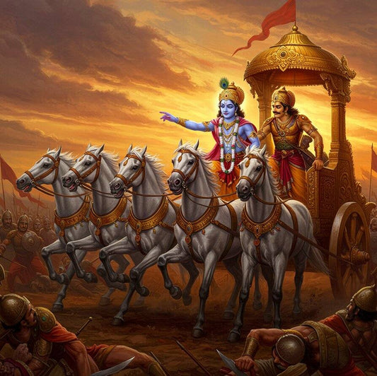 Krishna Arjuna On Running Horse Canvas | Hindu Canvas Painting