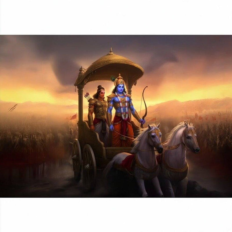 Krishna Arjuna on Rath Wallpaper for Living Space Two figures in warrior attire riding a chariot with horses against a sunset sky.