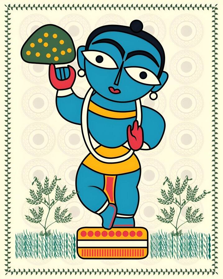 Little Krishna Canvas Wall Frame | Bal Krishna Canvas Painting for Decor Illustration of a blue deity holding a leaf, with a decorative border and plants on a beige background.