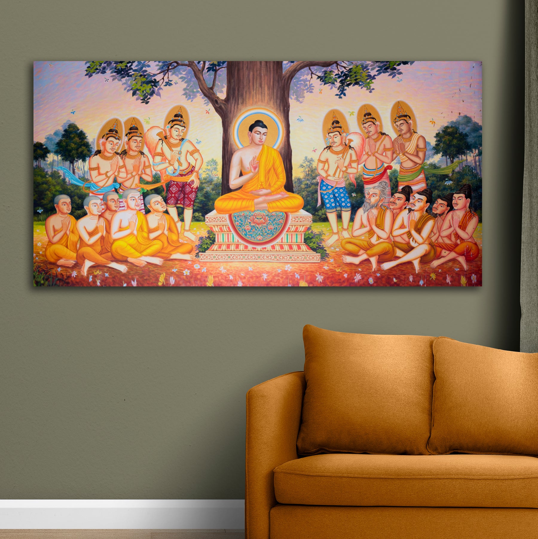 Lord Buddha Painting under Bodhi Tree with Disciples | Canvas Painting