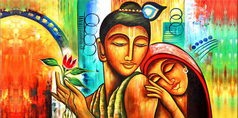 Lord Radha Krishna Art Wallpaper for Living Room Theme Artistic depiction of a woman holding a flower next to a child, with a colorful abstract background.