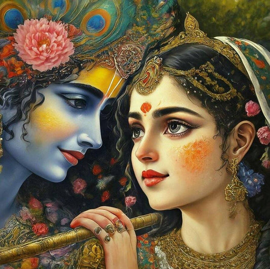 Lord Radha Krishna Frame Painting Style Canvas Painting Artistic depiction of a blue-skinned figure and a woman with flowers and jewelry in the background