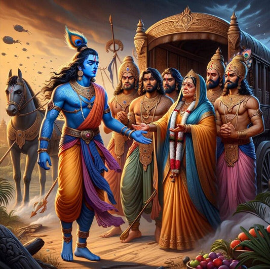 Mahabharata Moment Lord Krishna’s Wisdom Warriors Canvas Painting Illustration of a group of people in traditional attire with a central figure in blue, set against a desert backdrop.