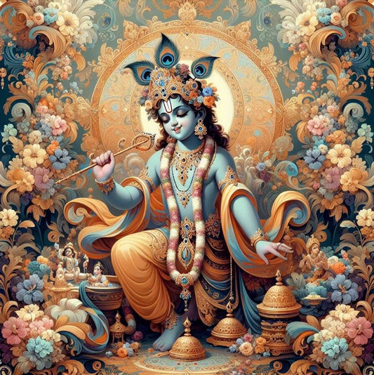 Majestic Radha Krishna Wall Art for Puja Space & Hallway Decorative image of a deity surrounded by floral elements and intricate patterns