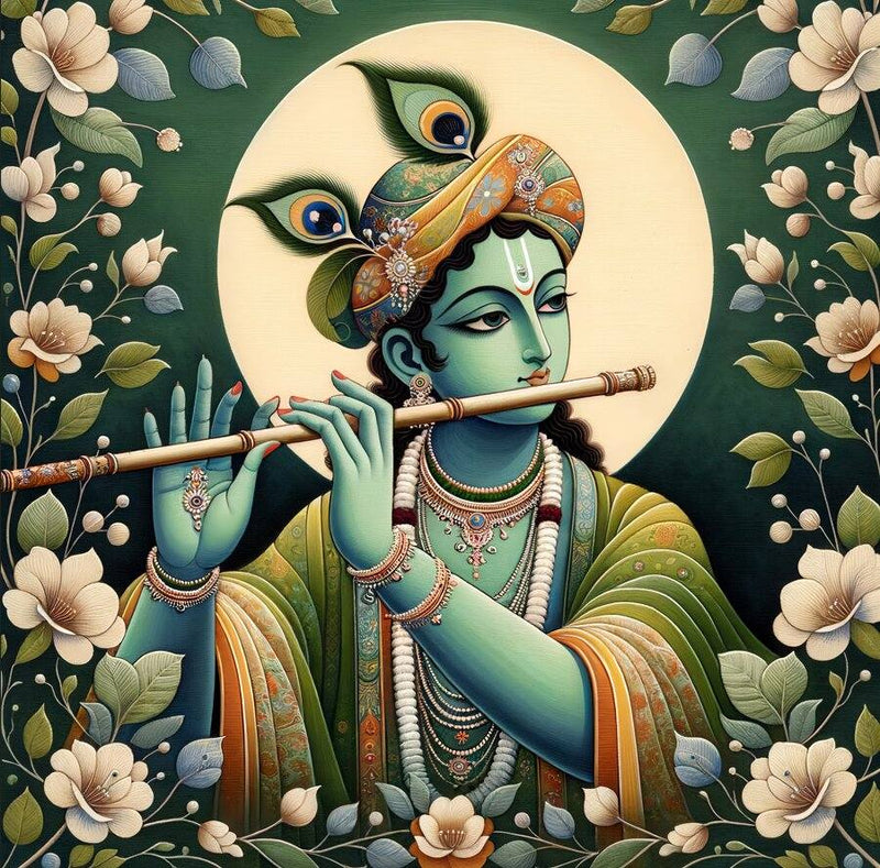 Modern Krishna Wallpaper Design for Living Room Space Colorful depiction of a deity playing a flute with floral and leafy background