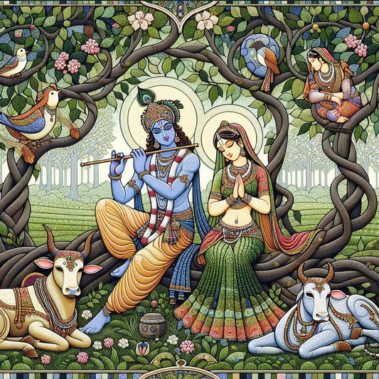 Modern Radha Krishna Painting on Canvas | Art for Gifting Colorful illustration of a divine couple in a forest setting with animals and nature elements.