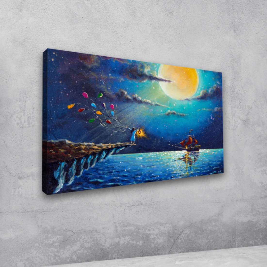 Mystic Pirate Ship Red Sails Painting for Living Room Decor