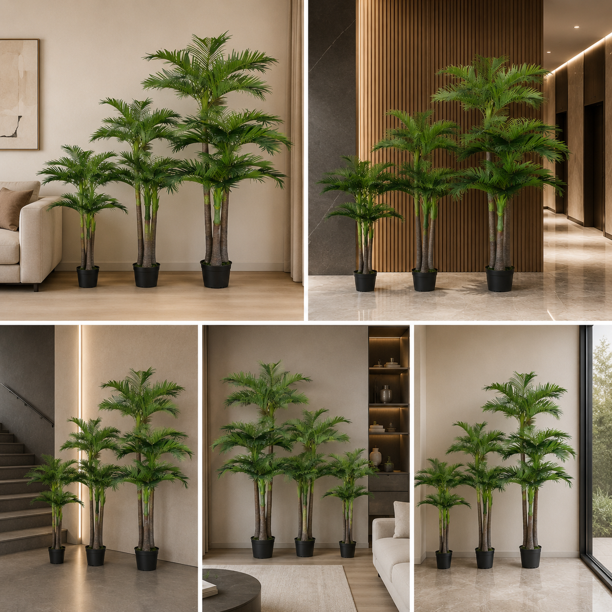 Real Touch Artificial Areca Palm Tree 12 Ft Set of 3 with Decorative Pots for Luxury Interiors