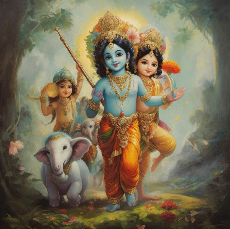 Colorful depiction of a deity with two children and an elephant in a forest setting