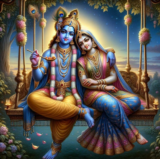 Peaceful Radha Krishna Canvas Painting for Prayer Room Colorful depiction of two deities sitting on a swing with a scenic background