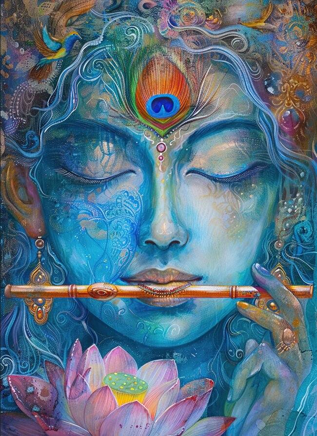 Peel Stick Radha Krishna Face Wallpaper | For Living Room Artistic depiction of a divine figure with peacock feather and lotus flowers