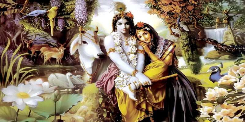 Peel & Stick Radha Krishna Mural | Self Adhesive Religious Wallpaper Two figures in traditional attire sitting by a pond with animals and flowers in the background