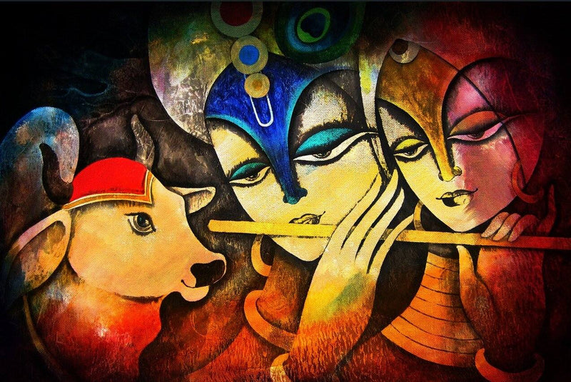 Peel Stick Radha Krishna Wall Mural | Self Adhesive Wallpaper Artistic depiction of a flute player with animal heads, colorful and abstract style.