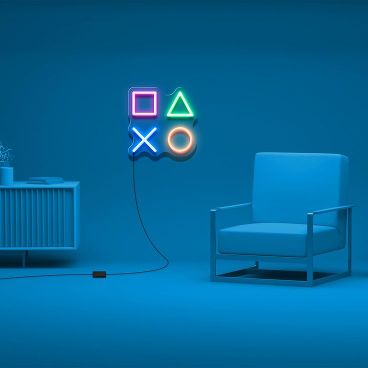 PlayStation Button Neon Sign – Custom Neon Sign for Game Room 18 By 18 Inches Neon sign with gaming symbols on a blue wall above a modern chair.