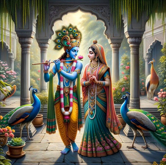 Printed Canvas Radha Krishna Painting | Ethnic Wall Art Colorful depiction of a traditional scene with two characters in ornate clothing, surrounded by peacocks and architectural elements.