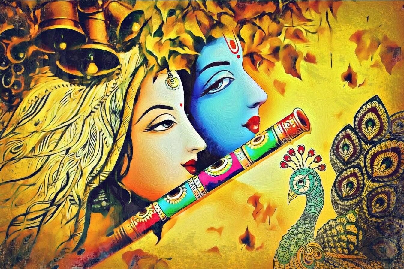 Radha Krishna Canvas Painting | Divine Couple Wall Decor Artistic depiction of two faces with a peacock and floral elements on a yellow background