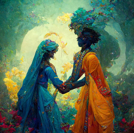 Radha Krishna Canvas Painting for Living Room Decoration Two people in colorful traditional attire standing in a mystical forest setting.