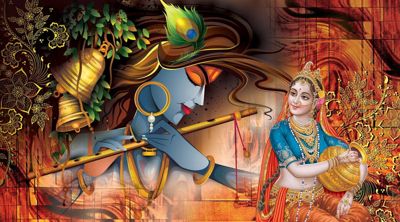 Radha Krishna Design Peel Stick Wallpaper | Temple Wall Mural Decorative image of a神灵 with traditional attire and accessories on a vibrant background.