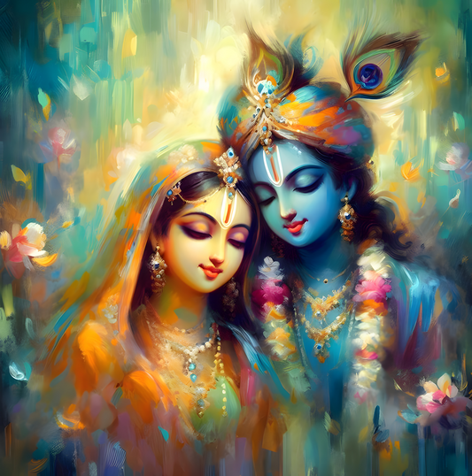 Radha Krishna Painting for Home Wall Décor | Canvas Art Print Colorful depiction of two figures with intricate hairstyles and jewelry against a vibrant background.