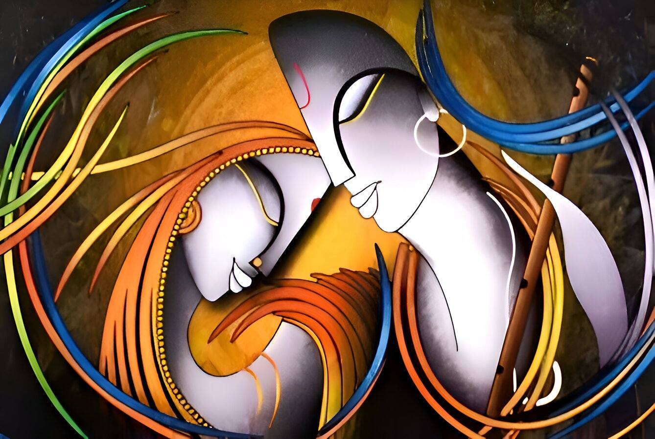 Radha Krishna Self Adhesive Wallpaper – Peel & Stick Divine Wall Decor Abstract artwork of two faces intertwined with colorful lines on a dark background