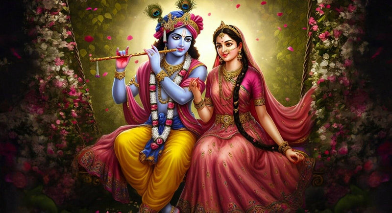Radha Krishna Swing Self Adhesive Wallpaper for Living Room Painting of a couple in traditional attire with flowers and a decorative background