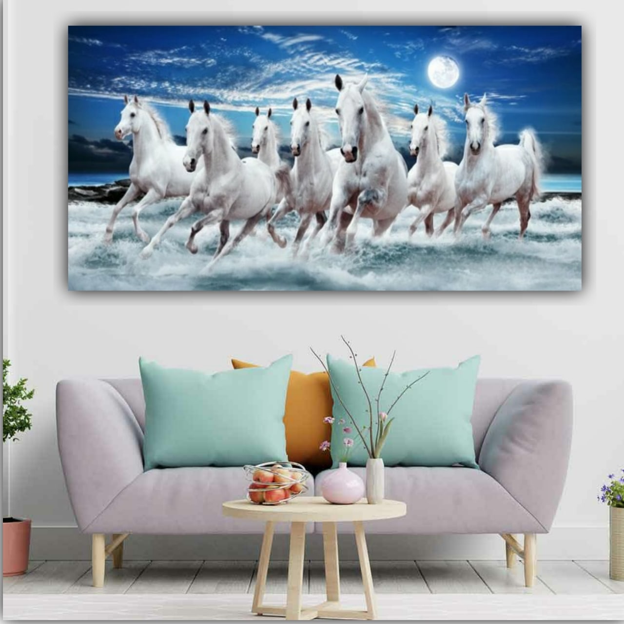 Running White Horses Vastu Painting Canvas Wall Frame
