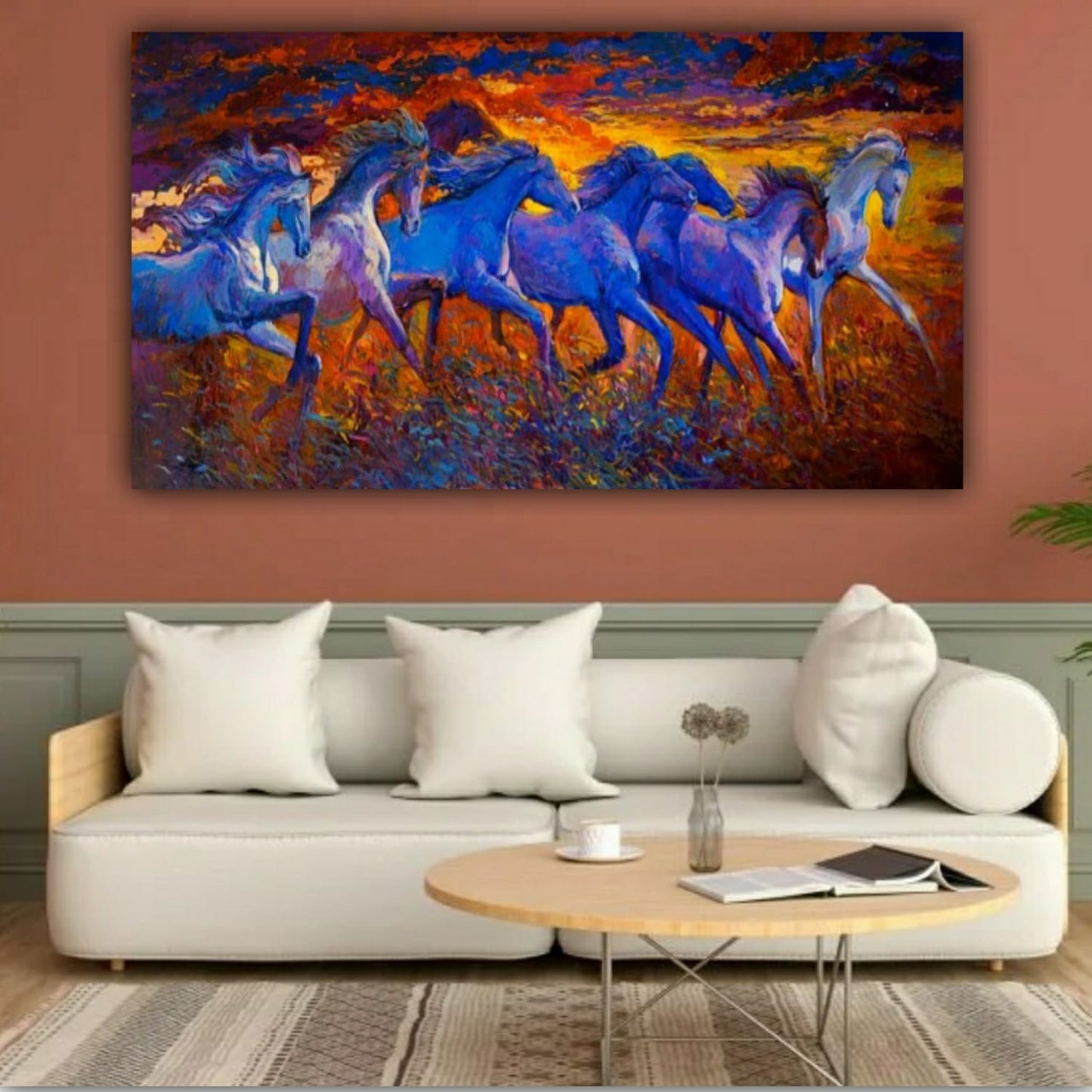 Auspicious Seven Running Horses Vastu Painting Canvas Wall Frame
