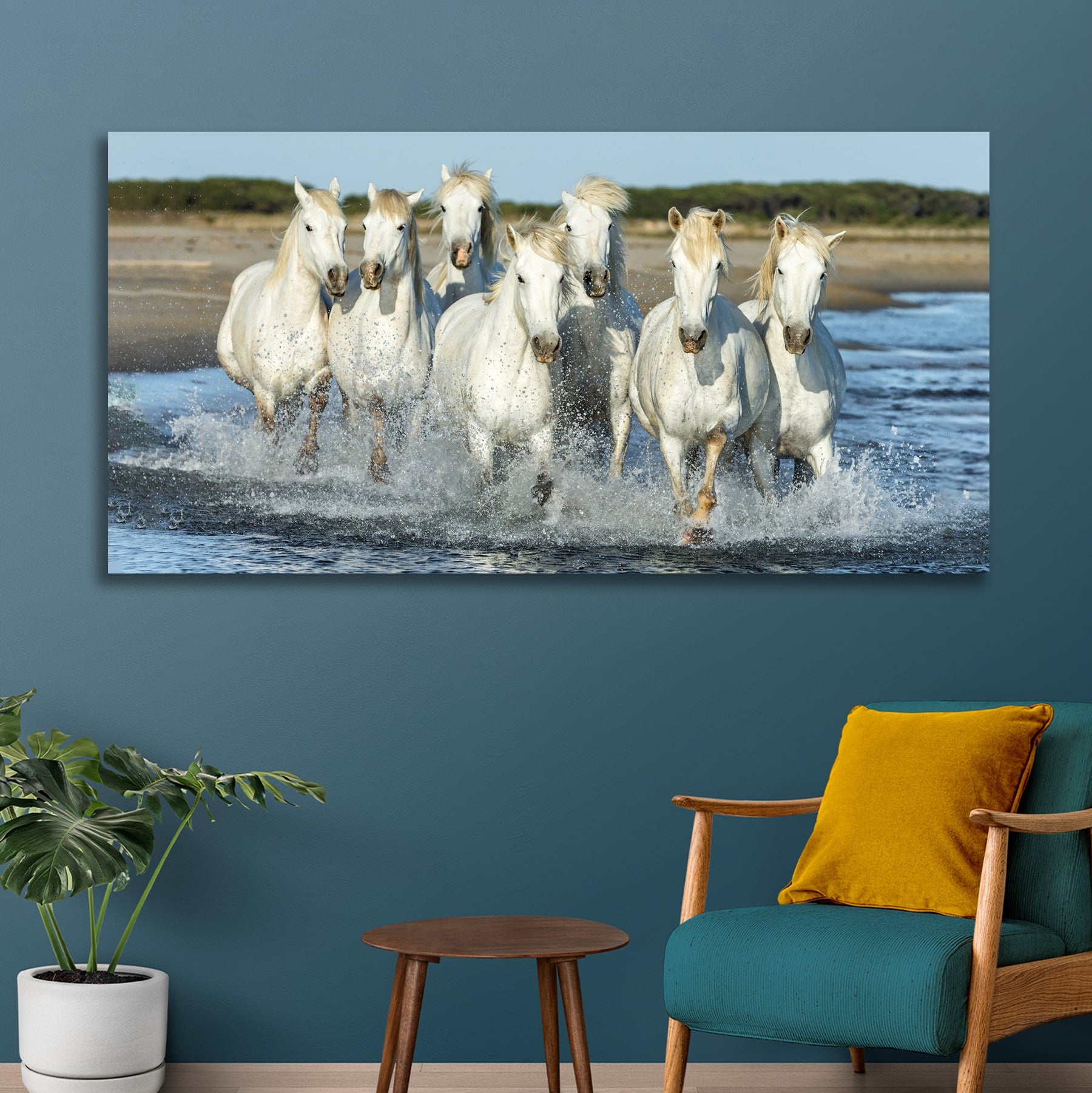Seven White Running Horses Vastu Painting Canvas Wall Frame