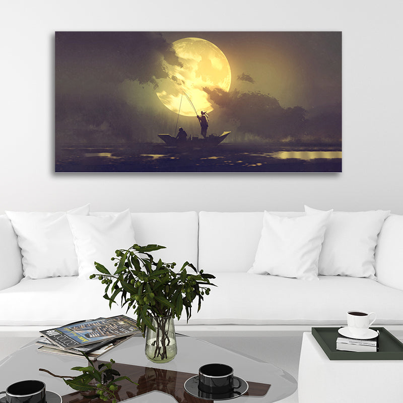 Silhouette of Fishermen Painting for Living Room Decor