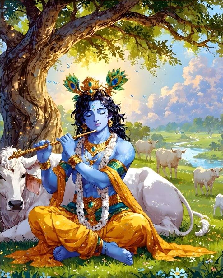 Sitting Krishna With Cow Wallpaper | Spiritual Art for Music Room Blue-skinned figure in a golden outfit playing a flute in a pastoral setting with cows and trees.