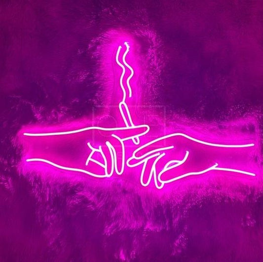 Smoking Couple Hand Neon Sign – Custom Neon Sign for Living Room  Neon outline of two hands reaching towards each other on a purple background