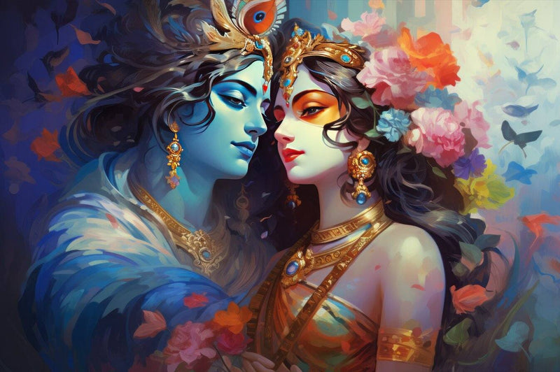 Spiritual Radha Krishna Peel & Stick Wallpaper – Easy to Install Two figures in elaborate costumes with floral and butterfly elements
