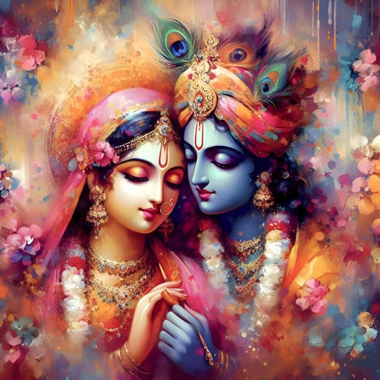 Spiritual Radha Krishna Wall Art | Framed Canvas Painting Colorful depiction of two figures with ornate headpieces and jewelry, surrounded by flowers.