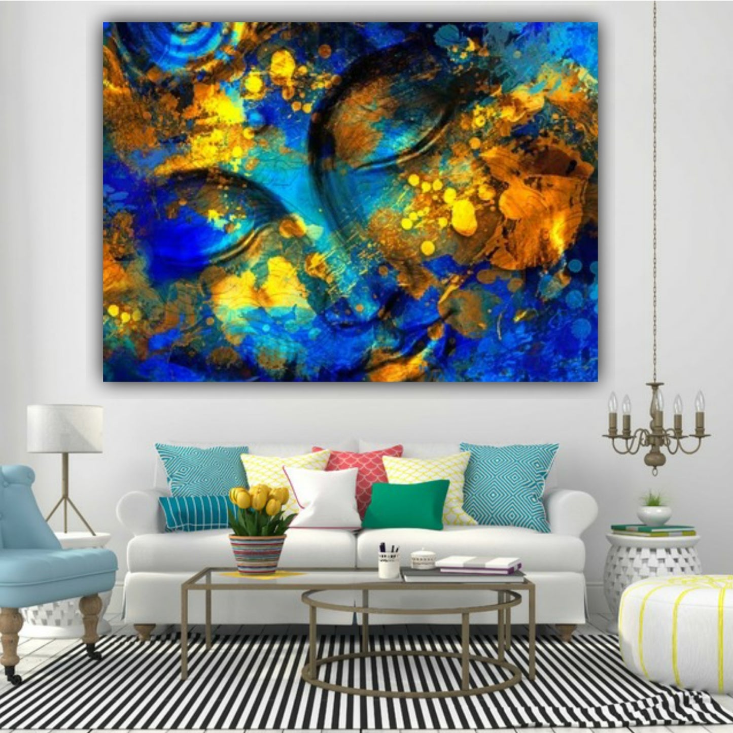 Gold Blue Lord Buddha Painting for Living Room Wall Decor