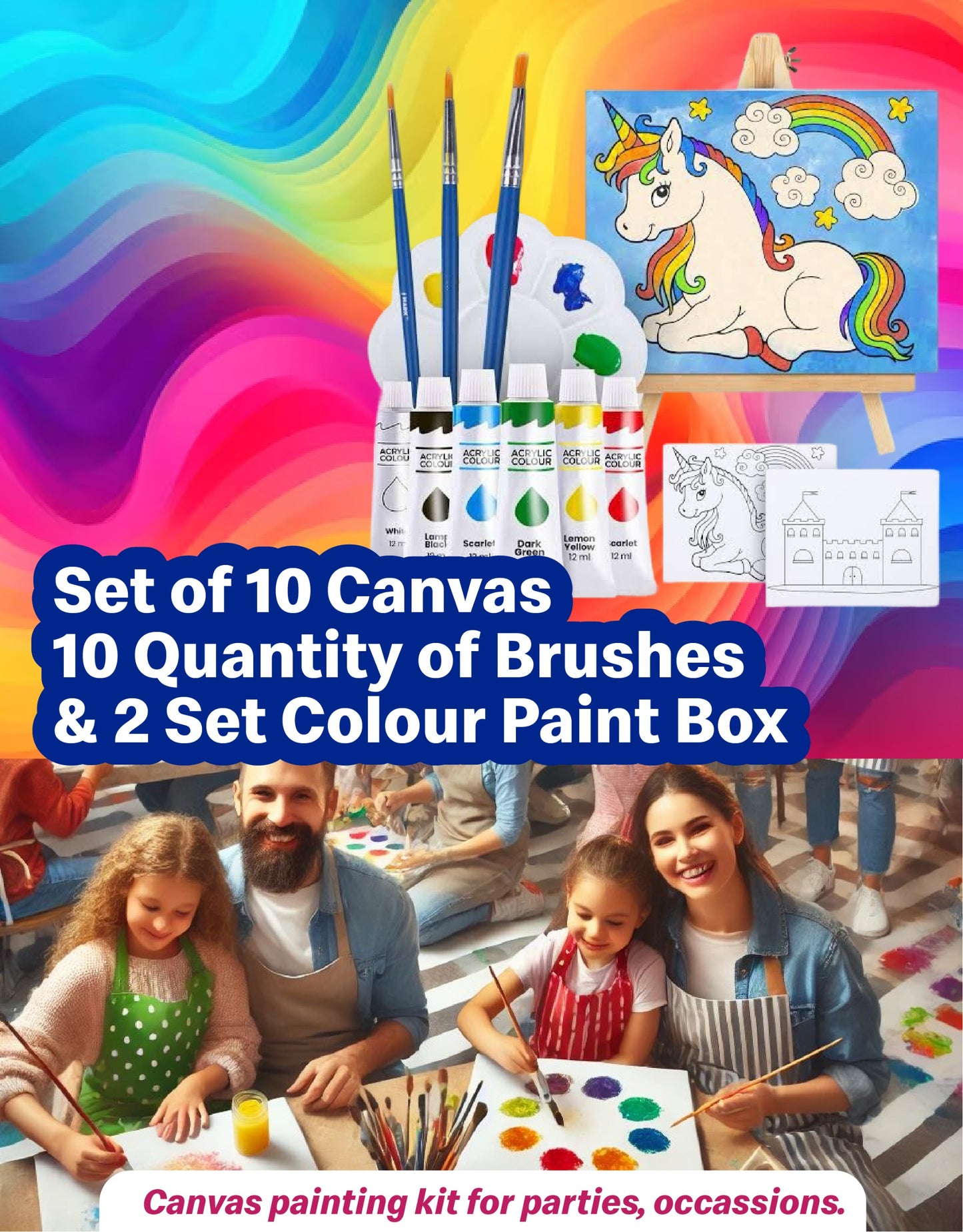 The Seven Colours Art Kit – DIY Painting Set with 10 Pre-Outlined Canvases, Brushes & Paint – Great for Kids & Adults (Canvas Set-10, 10 Brushes, 2 Paint Boxes)GP9