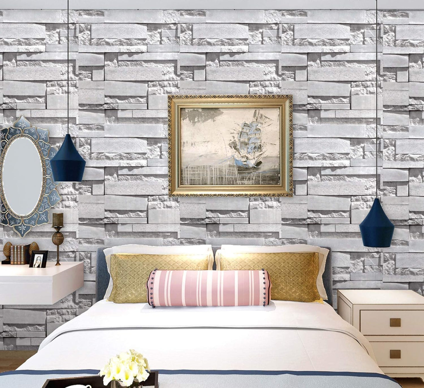 Peel and Stick Wallpaper, Self Adhesive DIY Wall Sticker for Bedroom Hall Living Room Kitchen Home & Office, PVC Coated & Waterproof Surface Scratch Resistant – 45 x 300cm Bedroom with gray brick-patterned wallpaper, bed with decorative pillows, and framed artwork.
