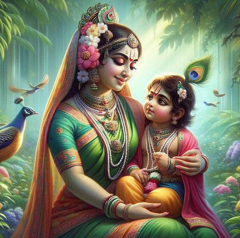 Yashoda Maiyya Krishna Wallpaper | Wallpaper for Dancing Room Decorative image of a woman and child in traditional attire with peacocks and flowers in a forest setting