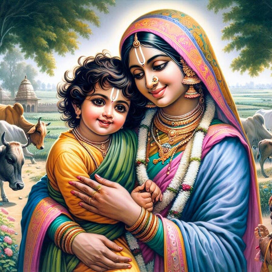 Yashoda’s Divine Embrace | Love Baal Krishna Canvas Painting Colorful illustration of a woman and child in traditional attire with a pastoral background