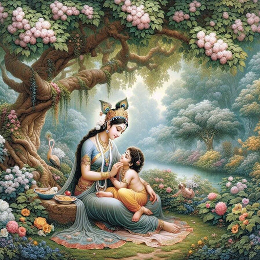 Yashodha Canvas Painting of Bal Krishna Divine Love Painting of a woman and child in a garden with flowers and trees