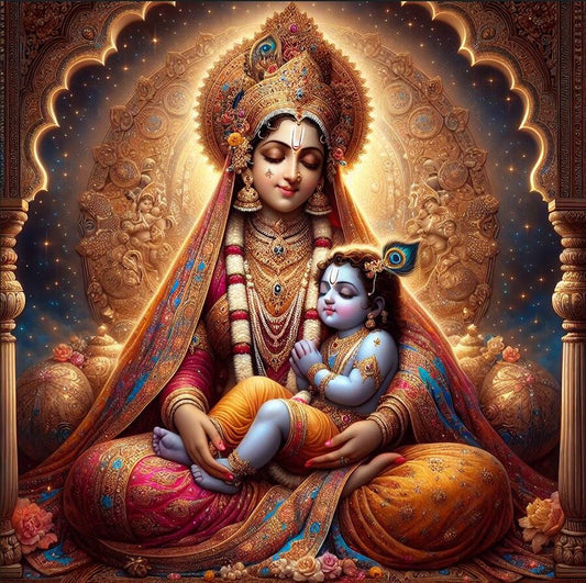 Yashodha Krishna Love Painting | Hindu Bal Krishna Canvas Wall Art Decorative image of a revered figure holding a child against an ornate, starry background.