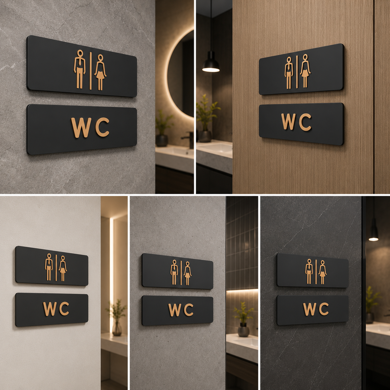Modern WC Restroom Signage Set | Black & Gold Men Women Toilet Sign Board for Office & Commercial Spaces
